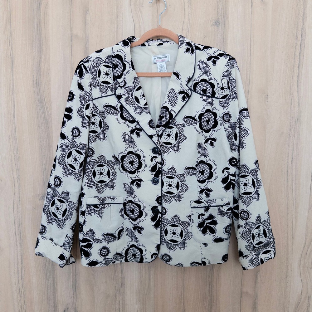 Victor Costa Womens Floral Blazer Large White Black Retro Classic Office Preppy